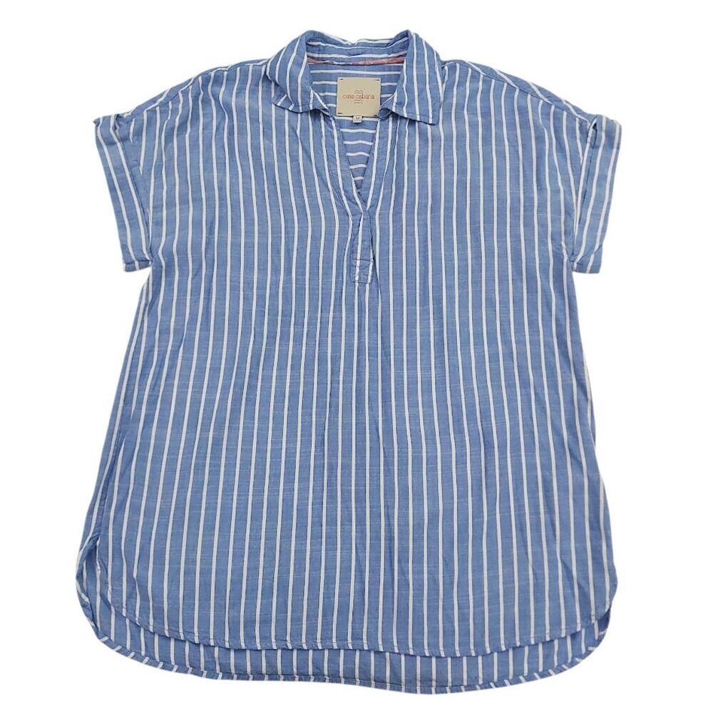 Casa Cabana Womens Medium Blue White Stripe Popover Tunic Top V-Neck Nautical